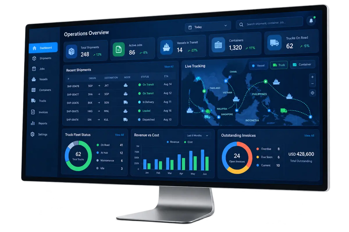 Ilustrasi CUBE Command Center dengan monitoring shipment, fleet, revenue, cost, dan invoice