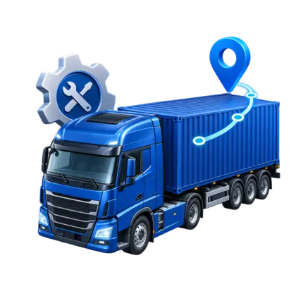 Ilustrasi truk, rute, dan maintenance fleet